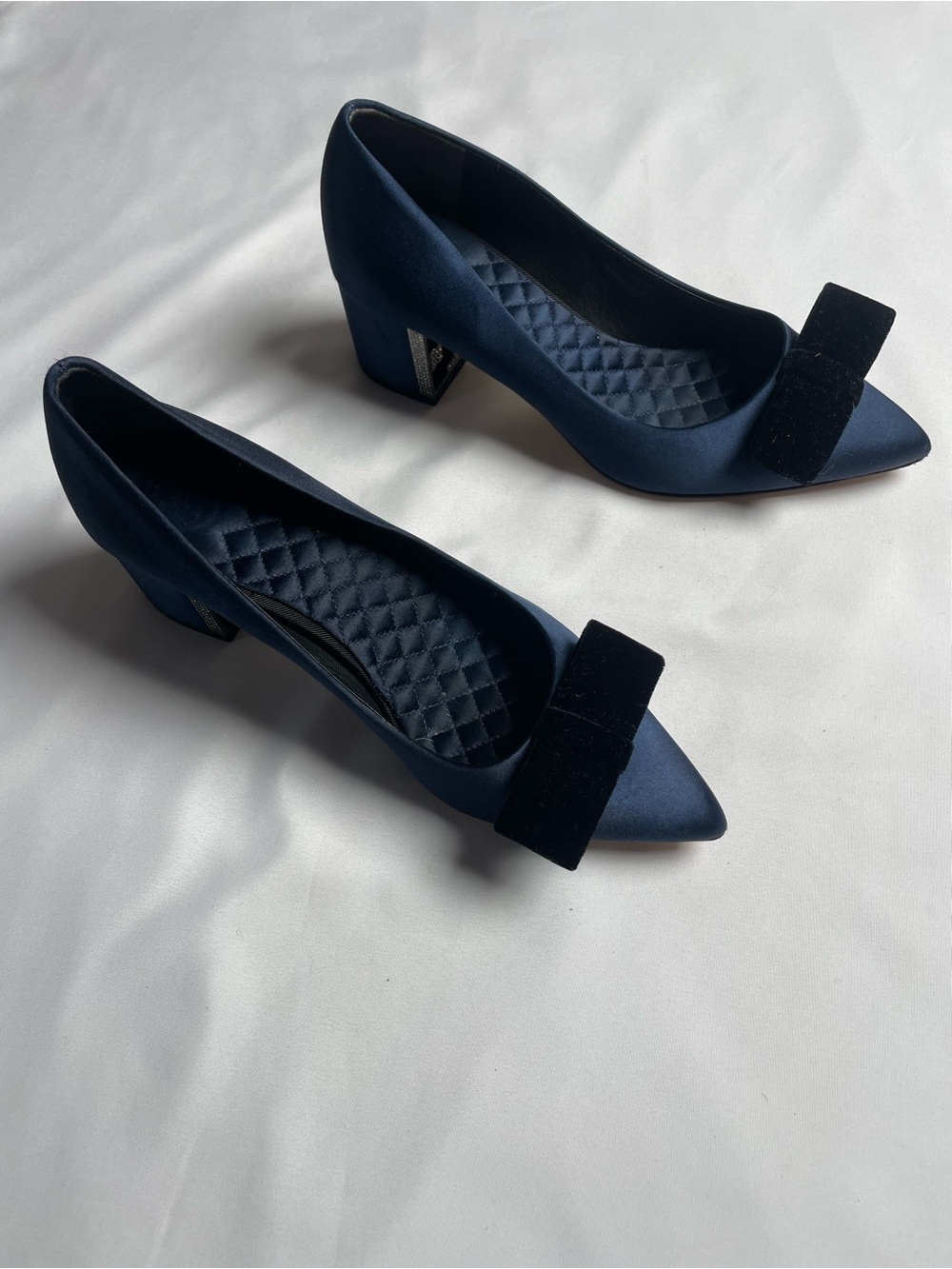 Tory Burch Navy Satin Pointed Flats with Black Velvet Bow